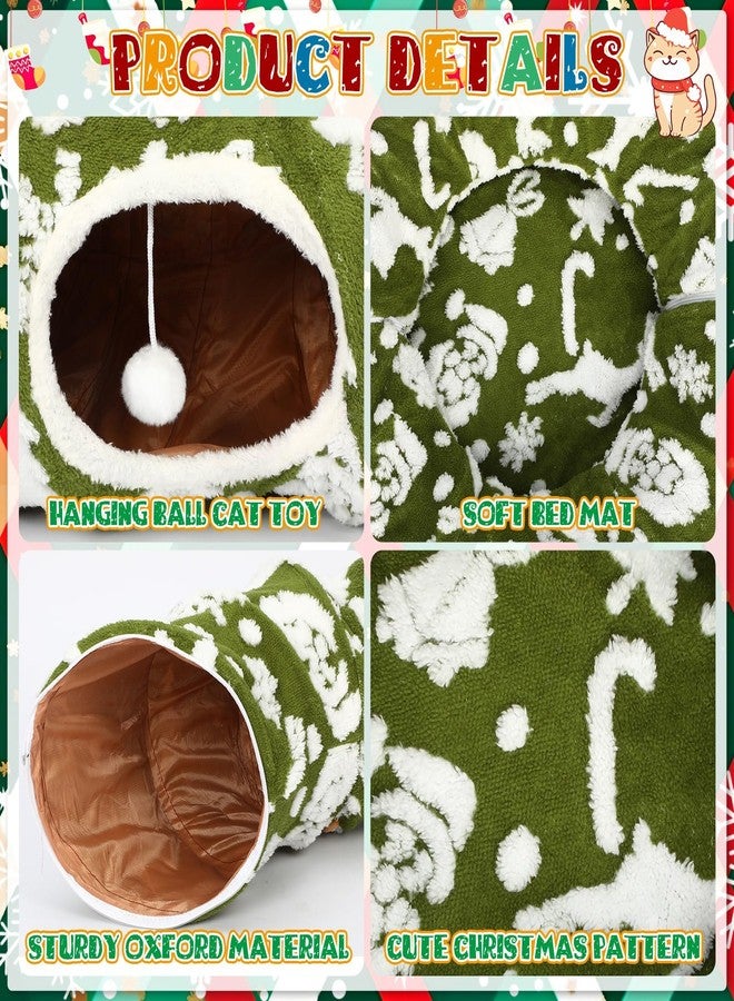 Yeyeplum Cat Tunnel Christmas Tree Skirt 3 ft x 3 ft x 10 Inch Cat Bed Donut Cave Indoor Fluffy Circular with Mat and Ball Playground Toys for Festive Kitten Puppy Ferret Rabbit(Green,Elk) - Image 3